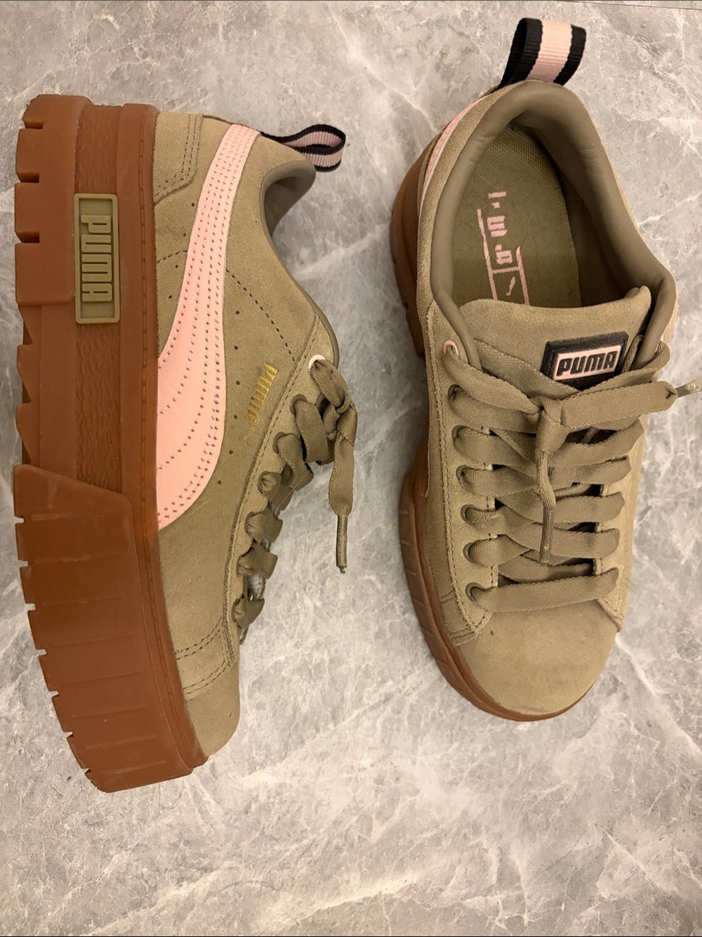 Puma Women's Suede Platform Sneakers in Tan, Green with Pink Stripe